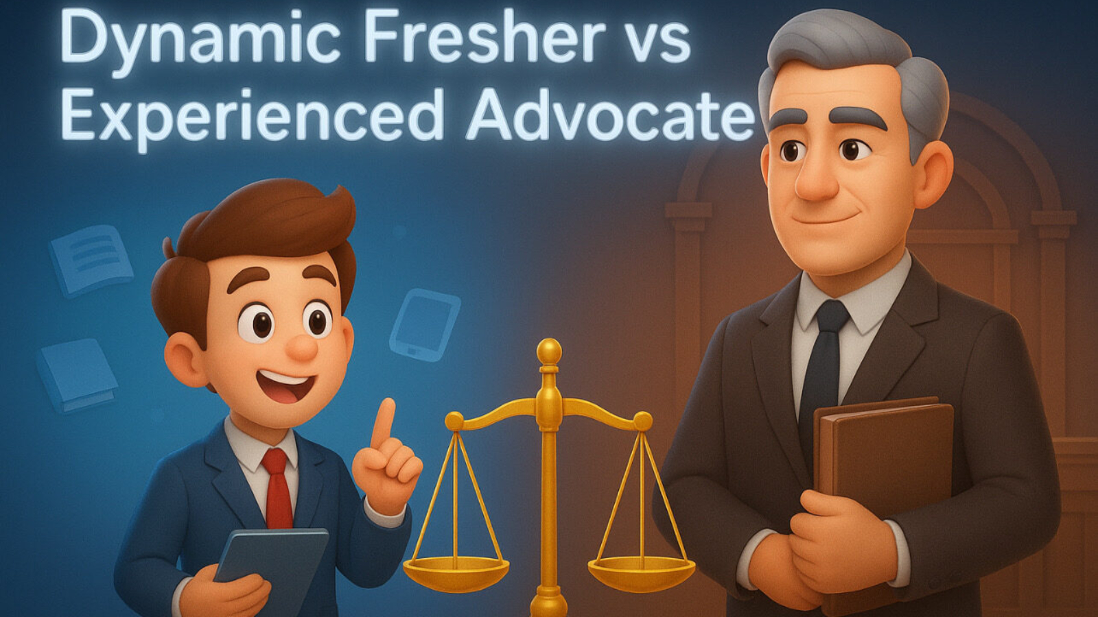 Comparison of fresher and experienced advocate in Dwarka Court showing energy, strategy, and courtroom expertise for client decision making