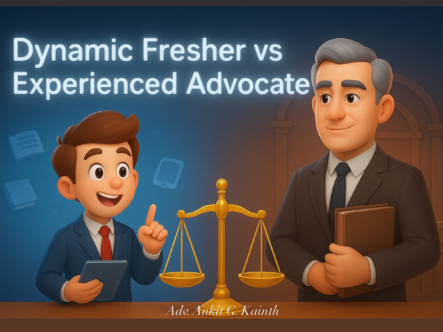 Comparison of fresher and experienced advocate in Dwarka Court showing energy, strategy, and courtroom expertise for client decision making