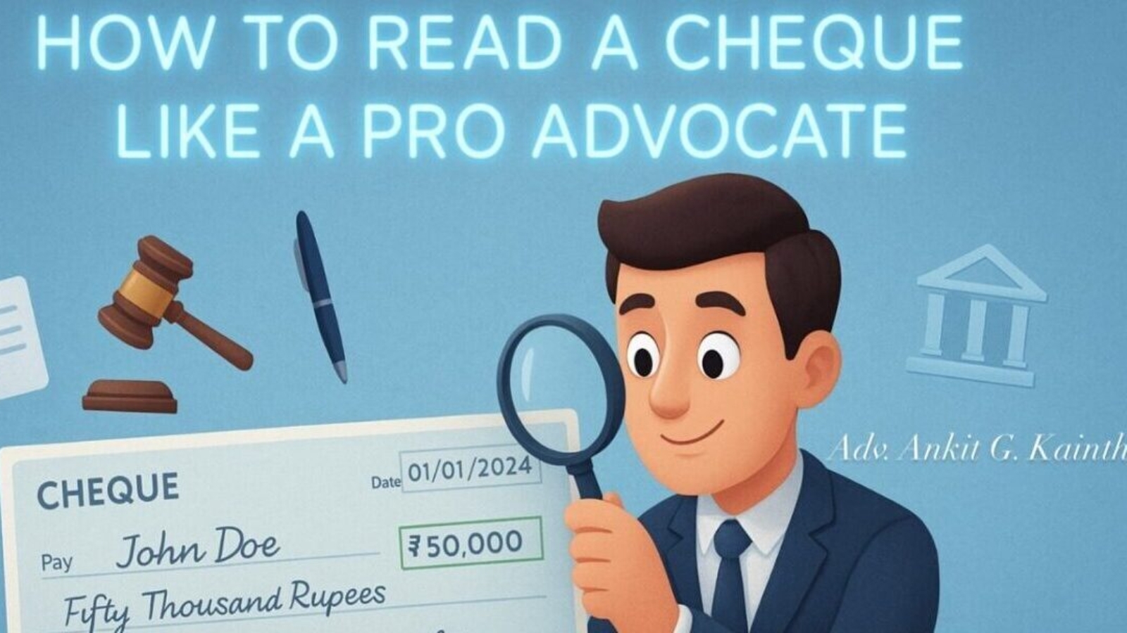 Experienced cheque bounce advocate at Dwarka Court handling Section 138 NI Act cases with legal documents and courtroom setting