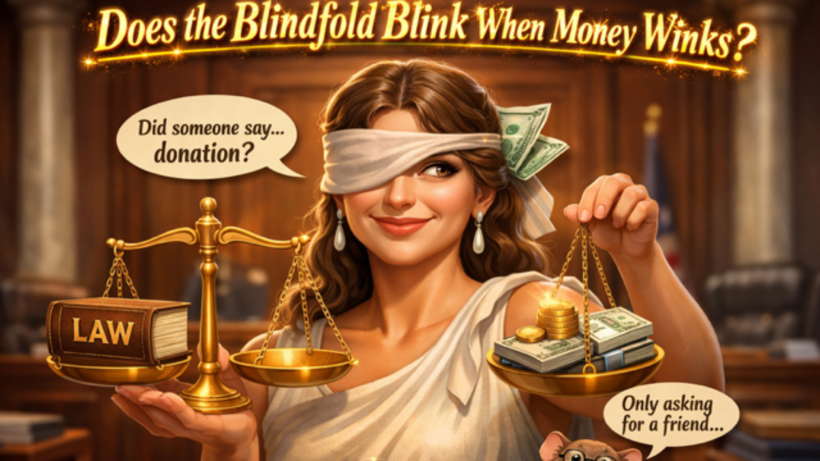 Blindfolded Lady Justice with scales symbolizing fairness, law, and debate on corruption in judiciary and trust in courts