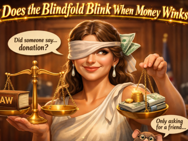 Blindfolded Lady Justice with scales symbolizing fairness, law, and debate on corruption in judiciary and trust in courts