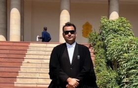 Litigation Practice at Dwarka Court - Illustration of an advocate reviewing case documents, with Dwarka Courts in the background and a Chamber 728 plaque.