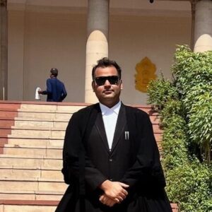 Litigation Practice at Dwarka Court - Illustration of an advocate reviewing case documents, with Dwarka Courts in the background and a Chamber 728 plaque.