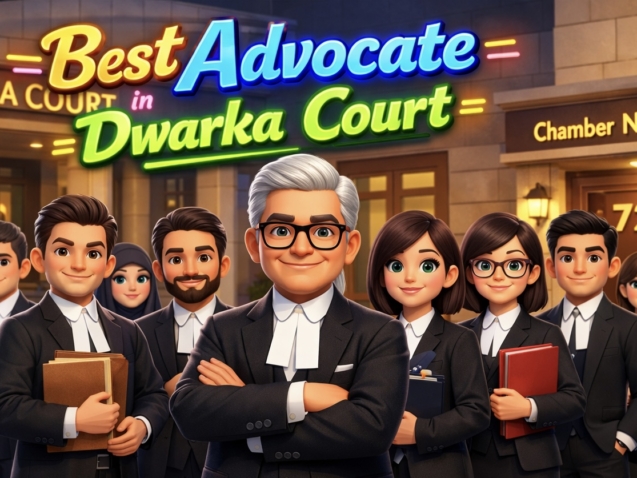 Advocate at Chamber 728 Dwarka District Court with legal files and courtroom background in New Delhi