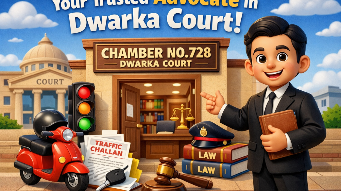 Advocate in Dwarka Court assisting client with traffic challan case Variation: Traffic challan lawyer in Dwarka Court providing professional legal assistance