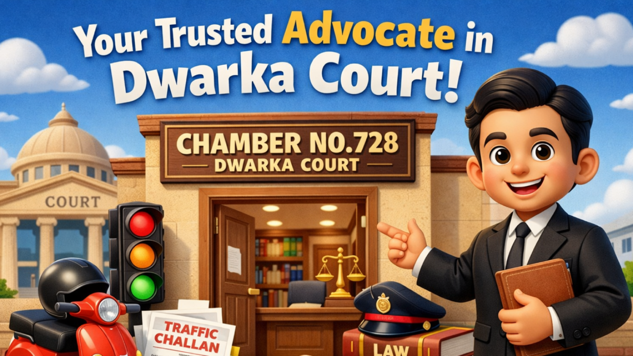 Advocate in Dwarka Court assisting client with traffic challan case Variation: Traffic challan lawyer in Dwarka Court providing professional legal assistance