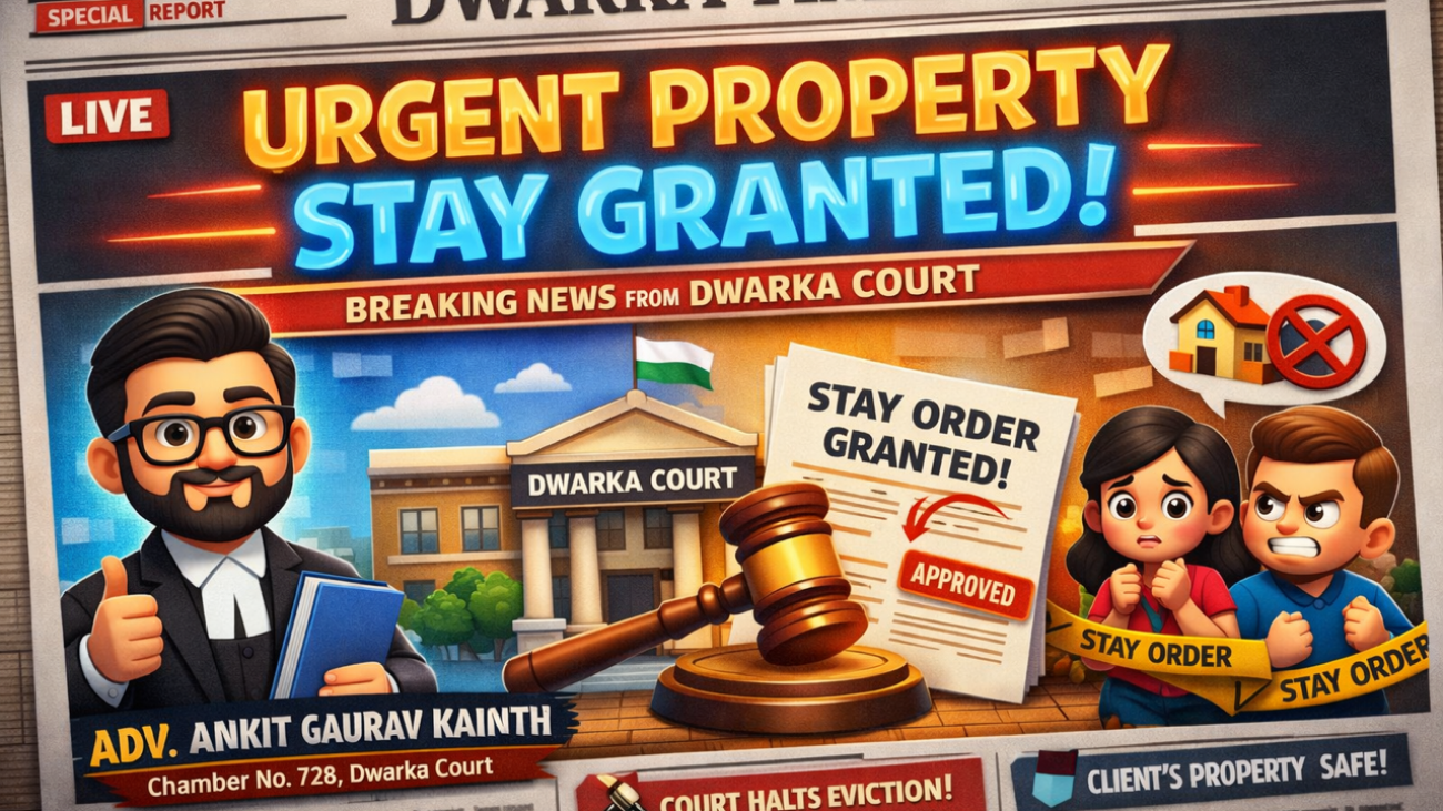 Stay order secured in property dispute at Dwarka Court by experienced civil advocate Variation: Urgent injunction granted in Dwarka Court property case under Order 39 CPC