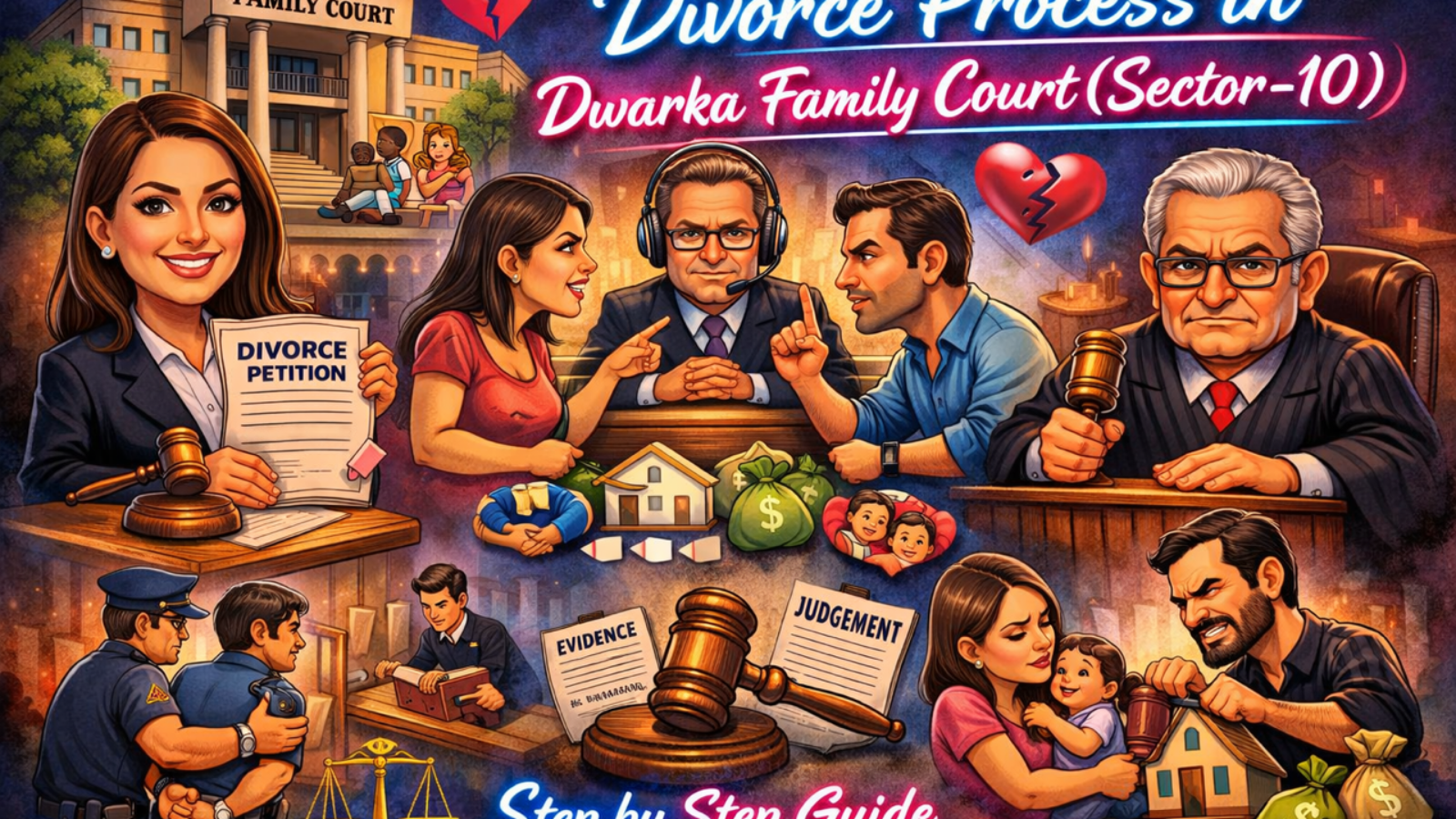 Divorce Lawyer in Dwarka Family Court Sector-10 explaining step-by-step divorce process including mediation, maintenance and custody stages.