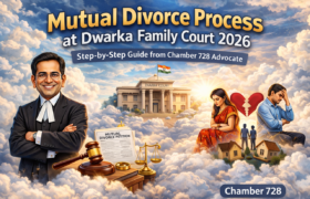 Couple filing mutual divorce petition at Family Court in Dwarka Court Sector 10 with experienced divorce lawyer assistance.