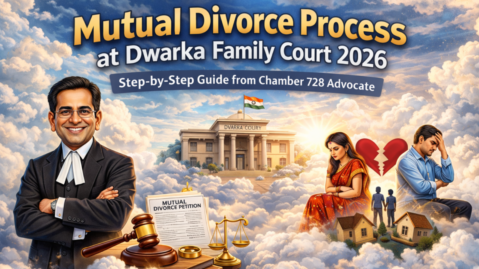 Couple filing mutual divorce petition at Family Court in Dwarka Court Sector 10 with experienced divorce lawyer assistance.