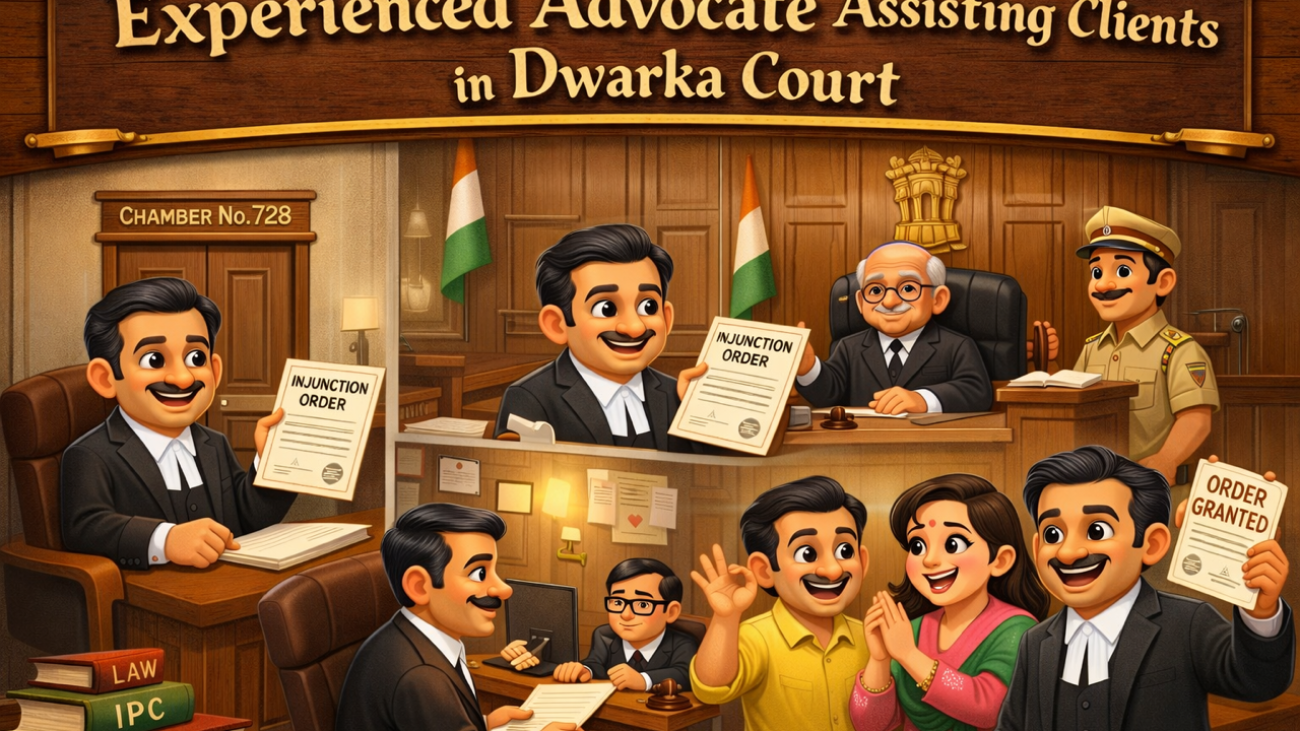 Property lawyer at Dwarka Court handling partition suit, injunction stay order, possession and builder dispute matters in 2026.