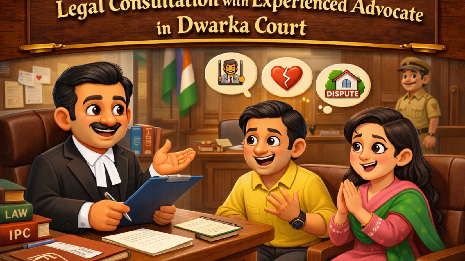 Client consulting an advocate at Dwarka Court Chamber for divorce, property dispute, criminal bail and cheque bounce legal advice in 2026.
