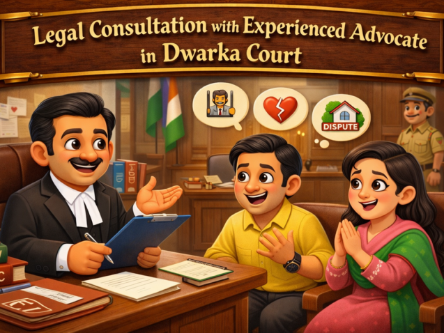Client consulting an advocate at Dwarka Court Chamber for divorce, property dispute, criminal bail and cheque bounce legal advice in 2026.