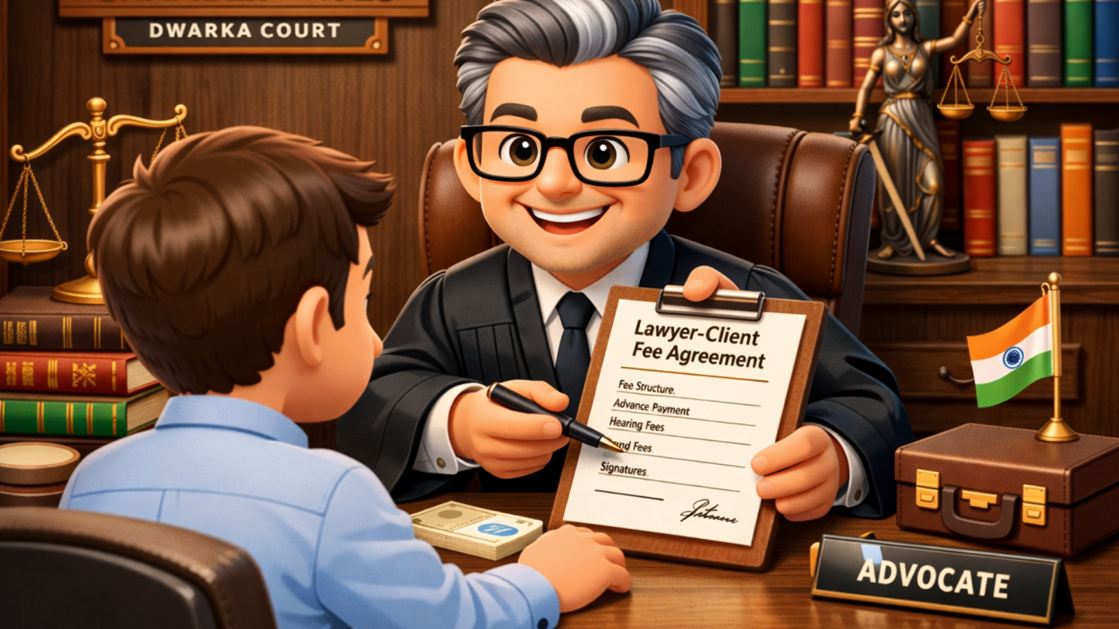 Client discussing advocate fee agreement and stage-wise payment model at Dwarka Court chamber in 2026.