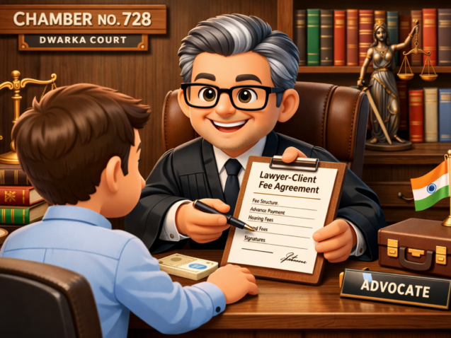 Client discussing advocate fee agreement and stage-wise payment model at Dwarka Court chamber in 2026.
