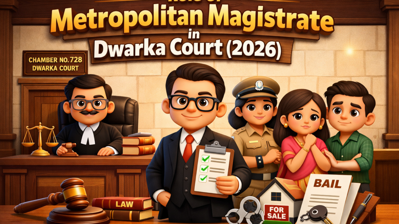 Metropolitan Magistrate courtroom at Dwarka Court Delhi handling bail hearing and criminal case proceedings in 2026.
