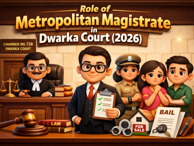 Metropolitan Magistrate courtroom at Dwarka Court Delhi handling bail hearing and criminal case proceedings in 2026.