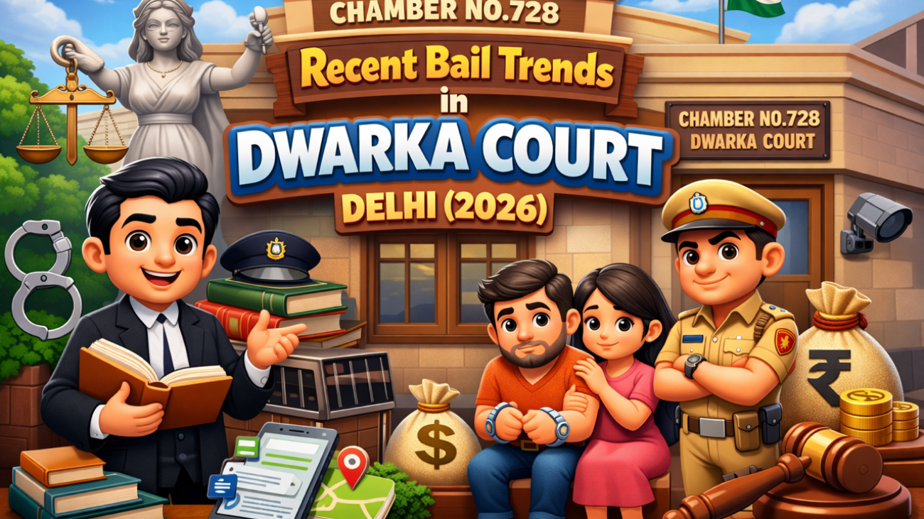 Criminal lawyer arguing bail application before Dwarka Court Delhi in 2026 with digital evidence and case file preparation.