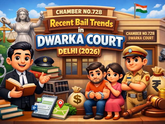 Criminal lawyer arguing bail application before Dwarka Court Delhi in 2026 with digital evidence and case file preparation.