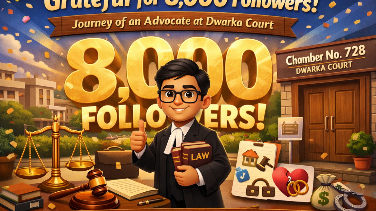 3D cartoon style advocate standing in front of Chamber No. 728 Dwarka Court celebrating 8,000 LinkedIn followers milestone