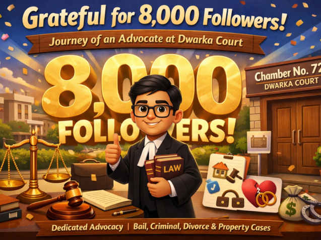 3D cartoon style advocate standing in front of Chamber No. 728 Dwarka Court celebrating 8,000 LinkedIn followers milestone