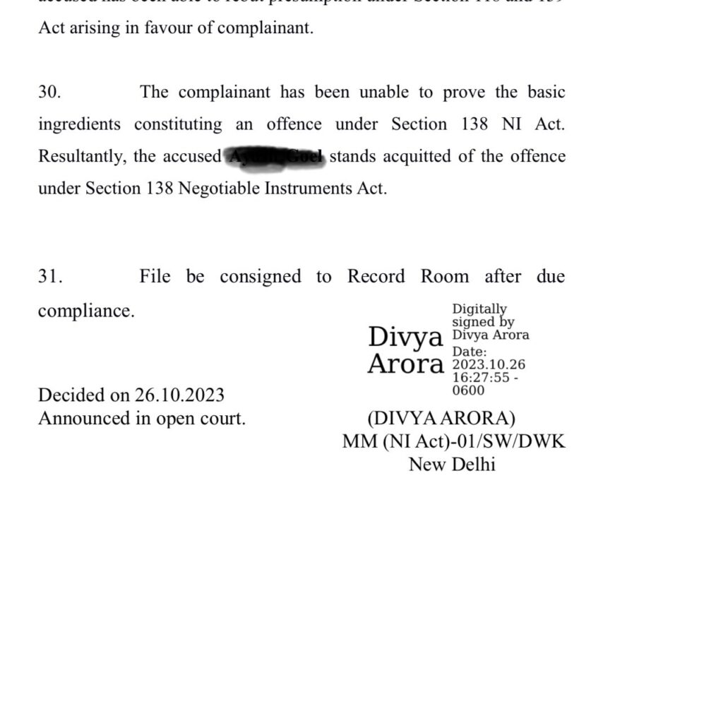 Dwarka Court order sheet showing how best cheque advocate won a case 