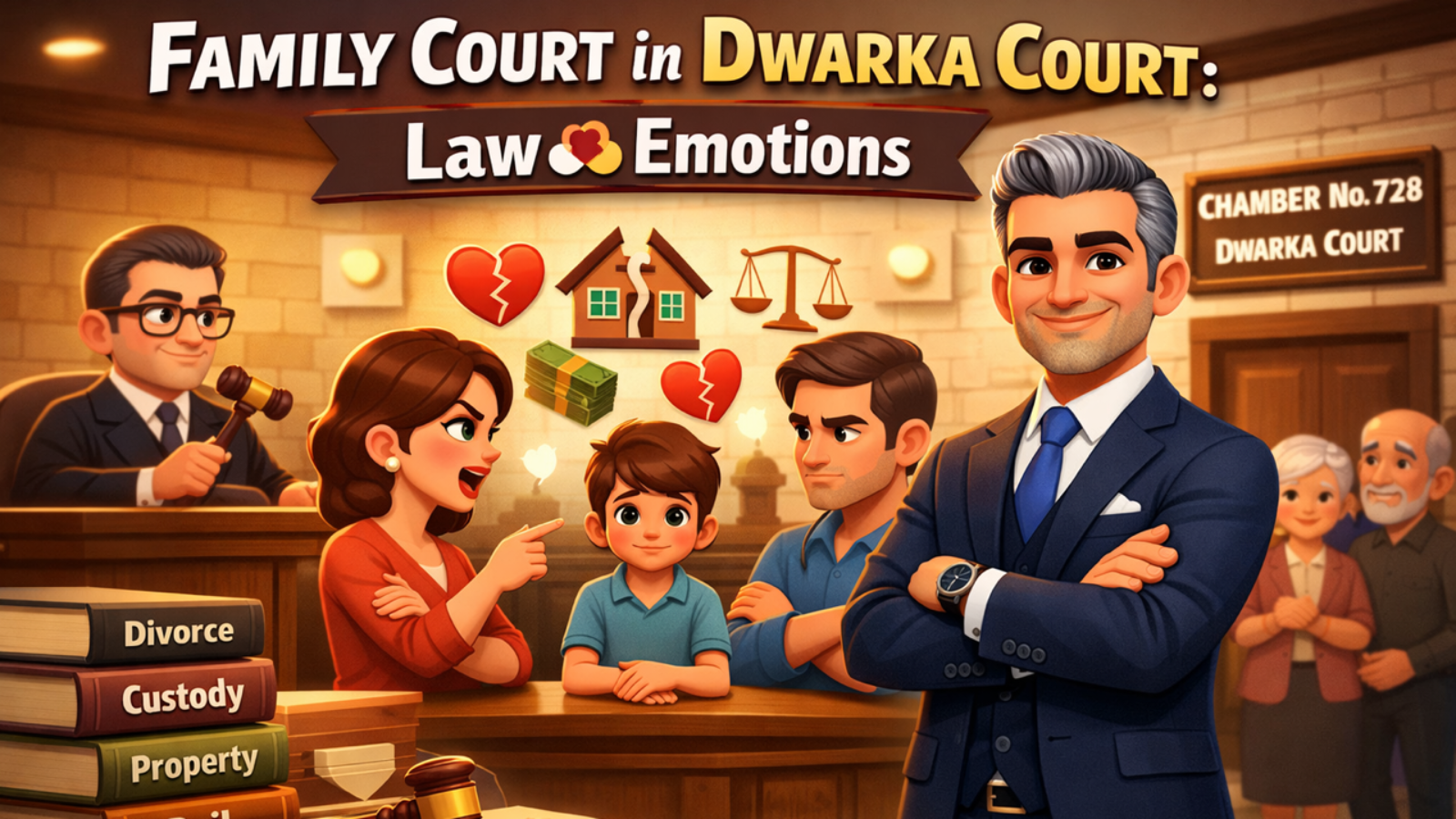 Family Court hearing at Dwarka Court showing judge balancing law and emotions in divorce and child custody matter