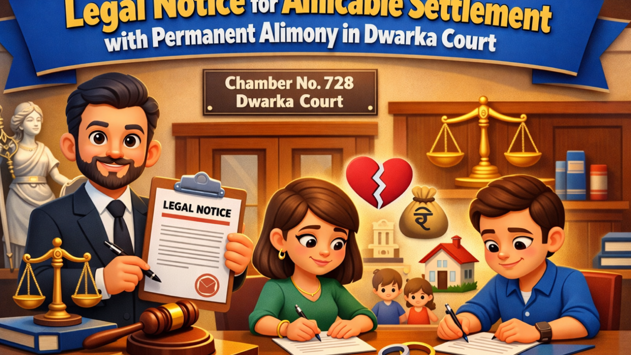3D cartoon illustration of a Divorce Lawyer at Chamber No. 728 Dwarka Court assisting husband and wife in amicable settlement with permanent alimony agreement.