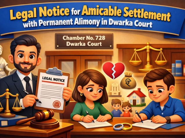 3D cartoon illustration of a Divorce Lawyer at Chamber No. 728 Dwarka Court assisting husband and wife in amicable settlement with permanent alimony agreement.