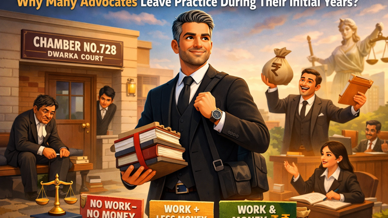 3D cartoon illustration of a confident young advocate holding legal files showing the three stages of legal practice – no work no money, work with less money, and work with money.