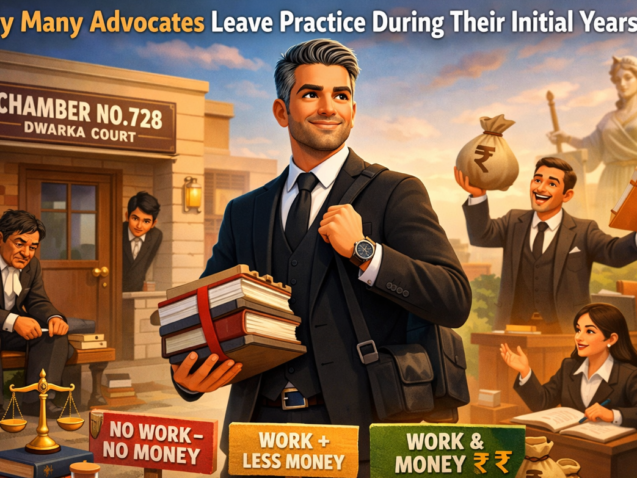 3D cartoon illustration of a confident young advocate holding legal files showing the three stages of legal practice – no work no money, work with less money, and work with money.