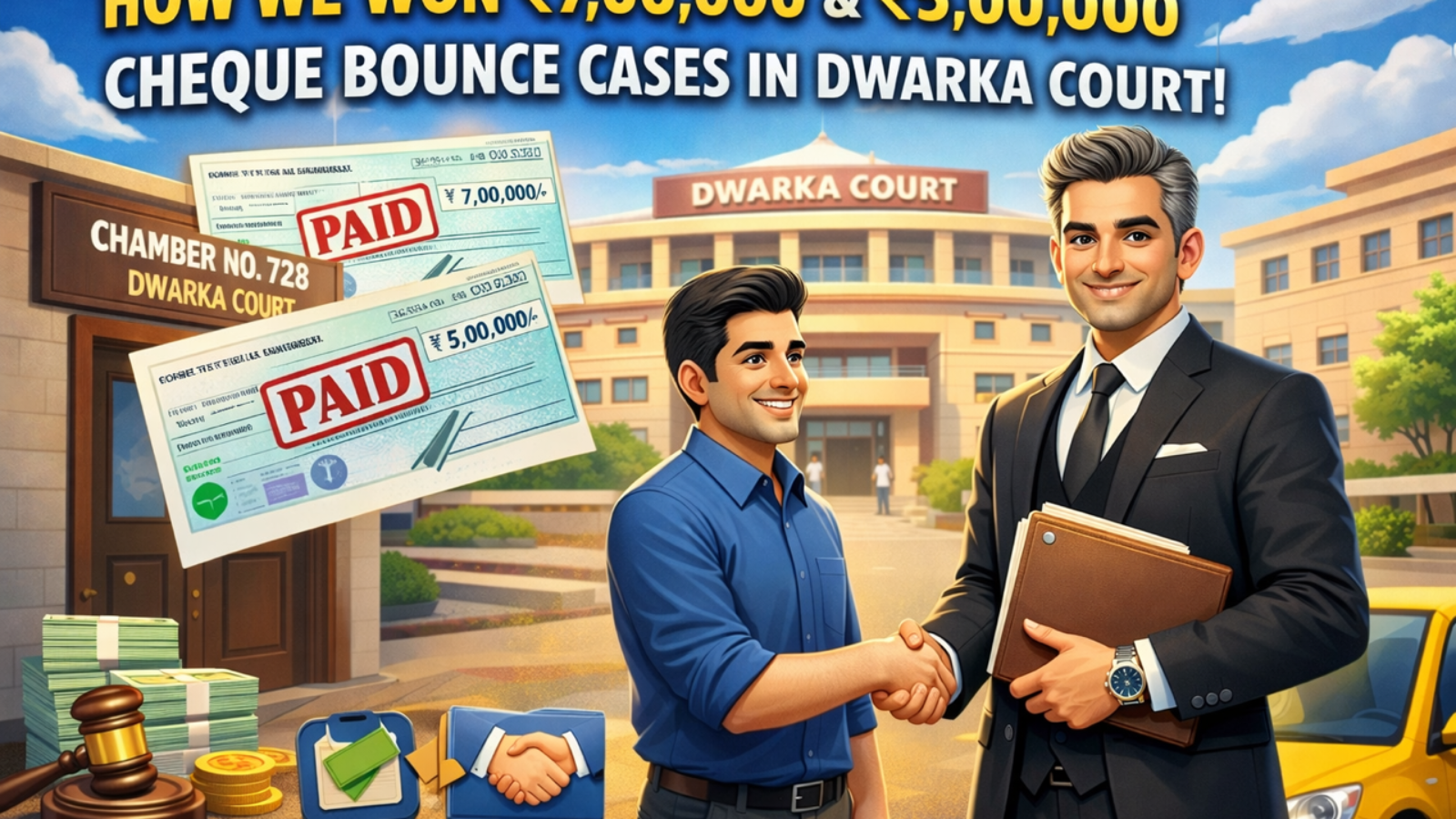 Advocate for Cheque Bounce cases in Dwarka Court helping client win ₹7 lakh and ₹5 lakh cheque bounce cases at Dwarka District Court Delhi