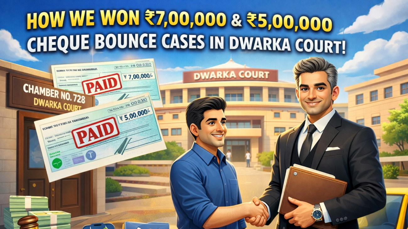 Advocate for Cheque Bounce cases in Dwarka Court helping client win ₹7 lakh and ₹5 lakh cheque bounce cases at Dwarka District Court Delhi