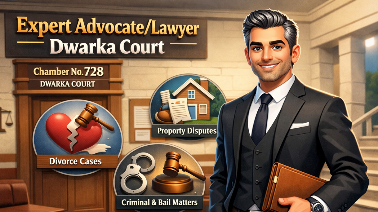 Advocate Lawyer Dwarka Court standing confidently near Dwarka District Court chamber representing divorce, property and criminal cases in Dwarka Sector 10 New Delhi.