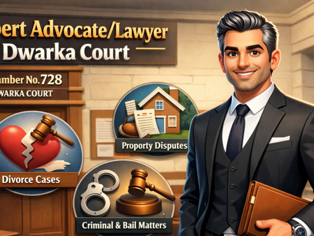 Advocate Lawyer Dwarka Court standing confidently near Dwarka District Court chamber representing divorce, property and criminal cases in Dwarka Sector 10 New Delhi.