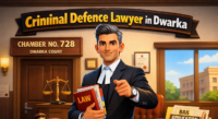 Criminal Defence Lawyer in Dwarka Delhi standing confidently in court with legal files, representing bail matters and criminal cases at Dwarka Court