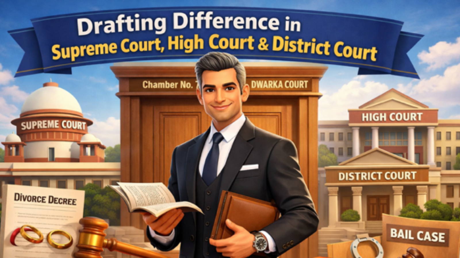 Advocate Dwarka Court explaining legal drafting differences between Supreme Court, High Court and District Court in India