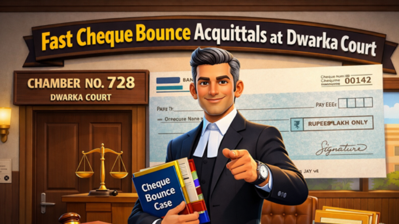 Fast cheque bounce acquittals at Dwarka Court advocate handling Section 138 NI Act case with legal files and courtroom background