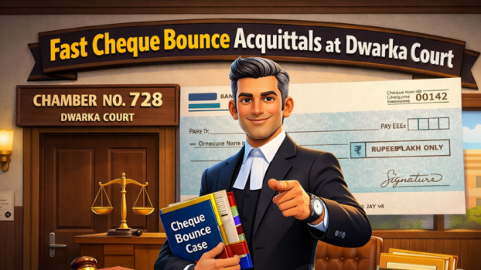 Fast cheque bounce acquittals at Dwarka Court advocate handling Section 138 NI Act case with legal files and courtroom background