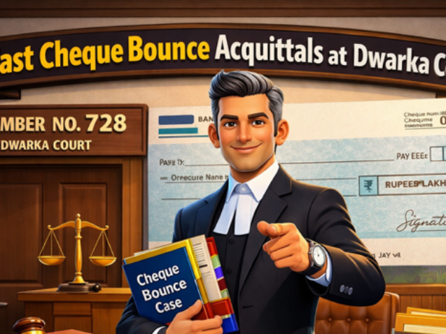 Fast cheque bounce acquittals at Dwarka Court advocate handling Section 138 NI Act case with legal files and courtroom background