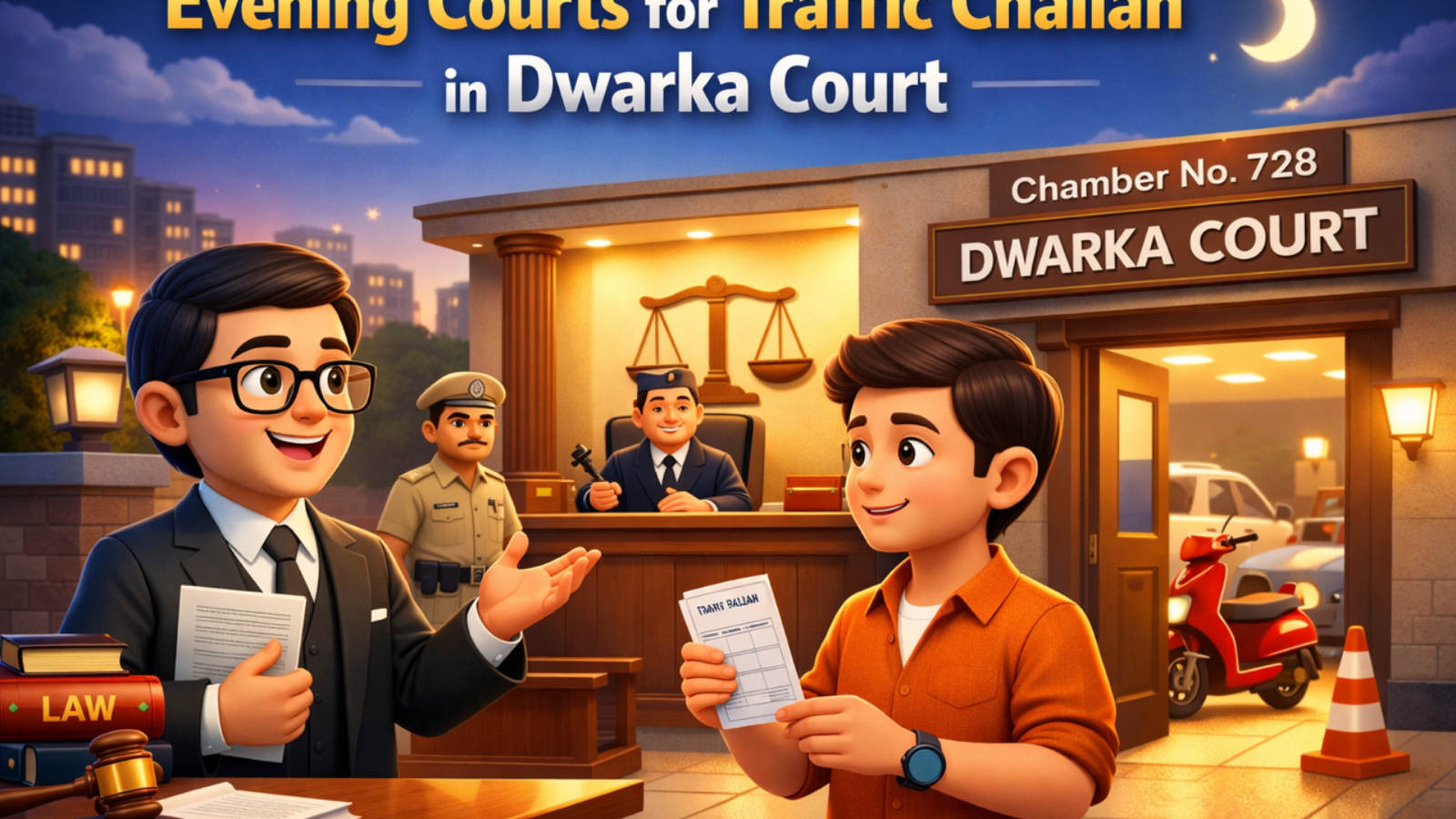 3D cartoon style illustration of Evening Court for traffic challan at Dwarka Court with advocate guiding client and court building in background