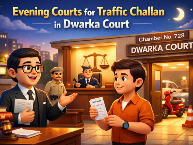 3D cartoon style illustration of Evening Court for traffic challan at Dwarka Court with advocate guiding client and court building in background