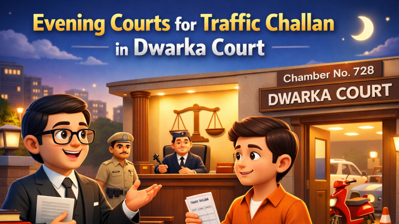 3D cartoon style illustration of Evening Court for traffic challan at Dwarka Court with advocate guiding client and court building in background