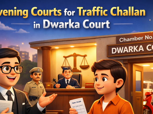 3D cartoon style illustration of Evening Court for traffic challan at Dwarka Court with advocate guiding client and court building in background