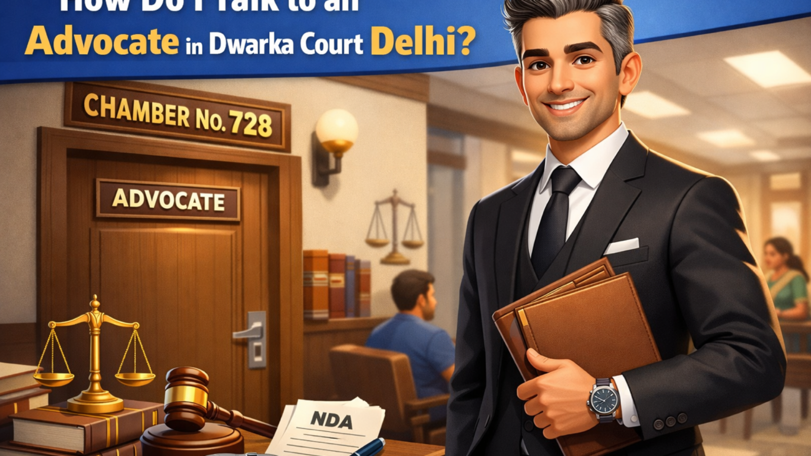 3D cartoon style advocate standing confidently outside Chamber No. 728 at Dwarka Court Delhi with NDA papers and legal symbols representing confidential legal consultation