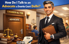 3D cartoon style advocate standing confidently outside Chamber No. 728 at Dwarka Court Delhi with NDA papers and legal symbols representing confidential legal consultation
