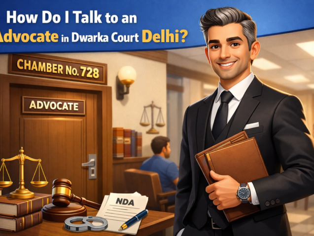 3D cartoon style advocate standing confidently outside Chamber No. 728 at Dwarka Court Delhi with NDA papers and legal symbols representing confidential legal consultation