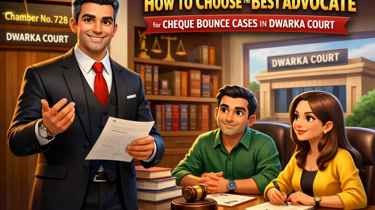 Best Cheque Bounce Advocate Dwarka Court explaining Section 138 NI Act case strategy to client at Dwarka District Court Delhi