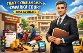 Advocate assisting clients in Traffic Challan Cases in Dwarka Court with Dwarka Court complex in background