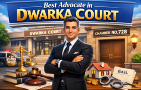 Best Advocate in Dwarka Court Delhi standing confidently in front of Dwarka District Court building with legal symbols representing divorce, criminal, property and bail cases